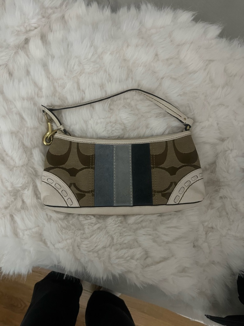 Coach Beige Signature Canvas Shoulder Bag with White Trim and suede stripes
